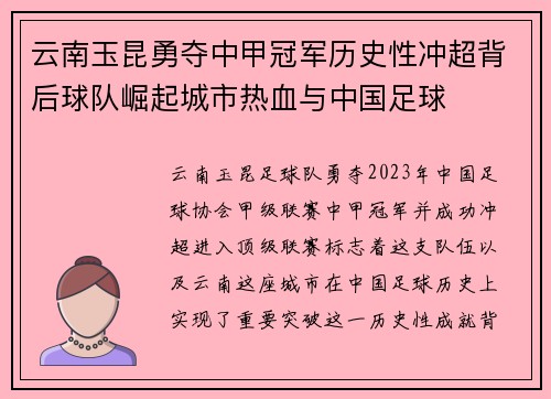 云南玉昆勇夺中甲冠军历史性冲超背后球队崛起城市热血与中国足球 云南玉昆勇夺中甲冠军历史性冲超背后球队崛起城市热血与中国足球